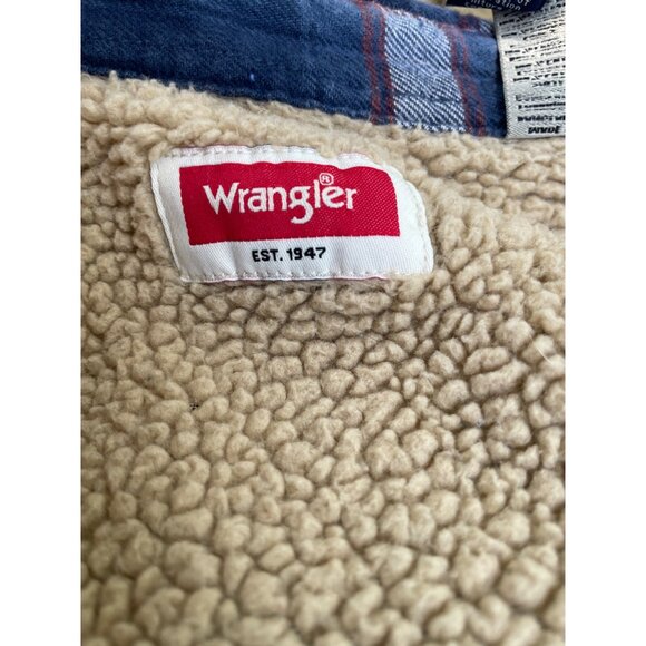 Wrangler Men Sherpa Lined Plaid Shirt Jacket S Cotton Polyester Blue Red Vintage - Picture 5 of 7